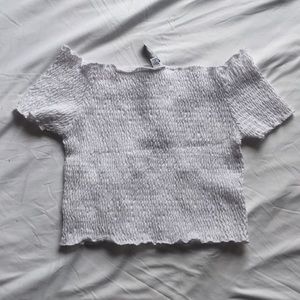 White ruffle crop top off shoulder